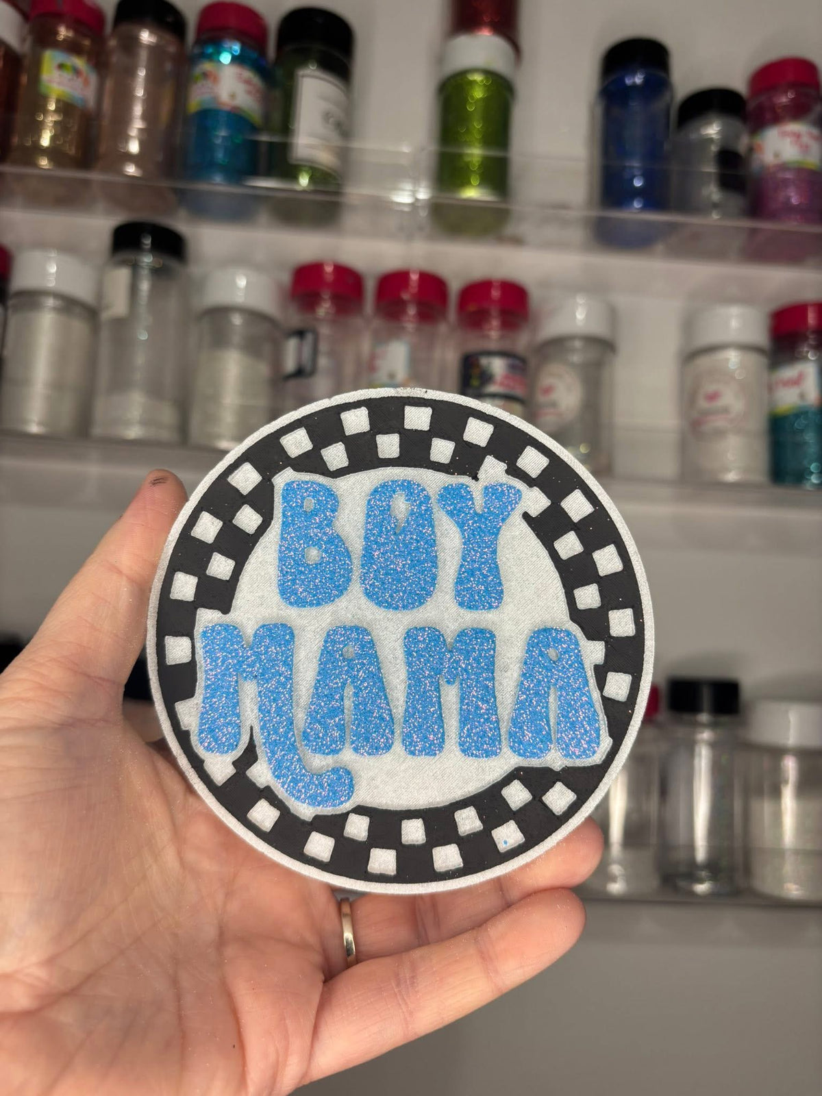 Checkered boy mama round